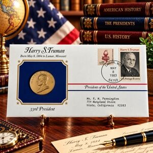 Harry S. Truman 33rd President Postal Commemorative Society Gold Medal Cover